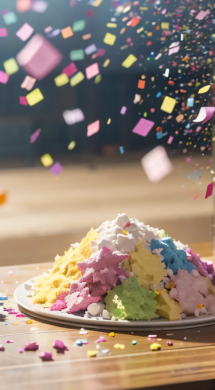 a close up of a pile of confetti on a table, confetti, lots of particle, floating particle, light scattering, particle, 五彩flash,particle are flying, particle disintegration, particle floating, flash, colorful picture, colorful image, food particle, evacuate, Polychromatic, flying particle