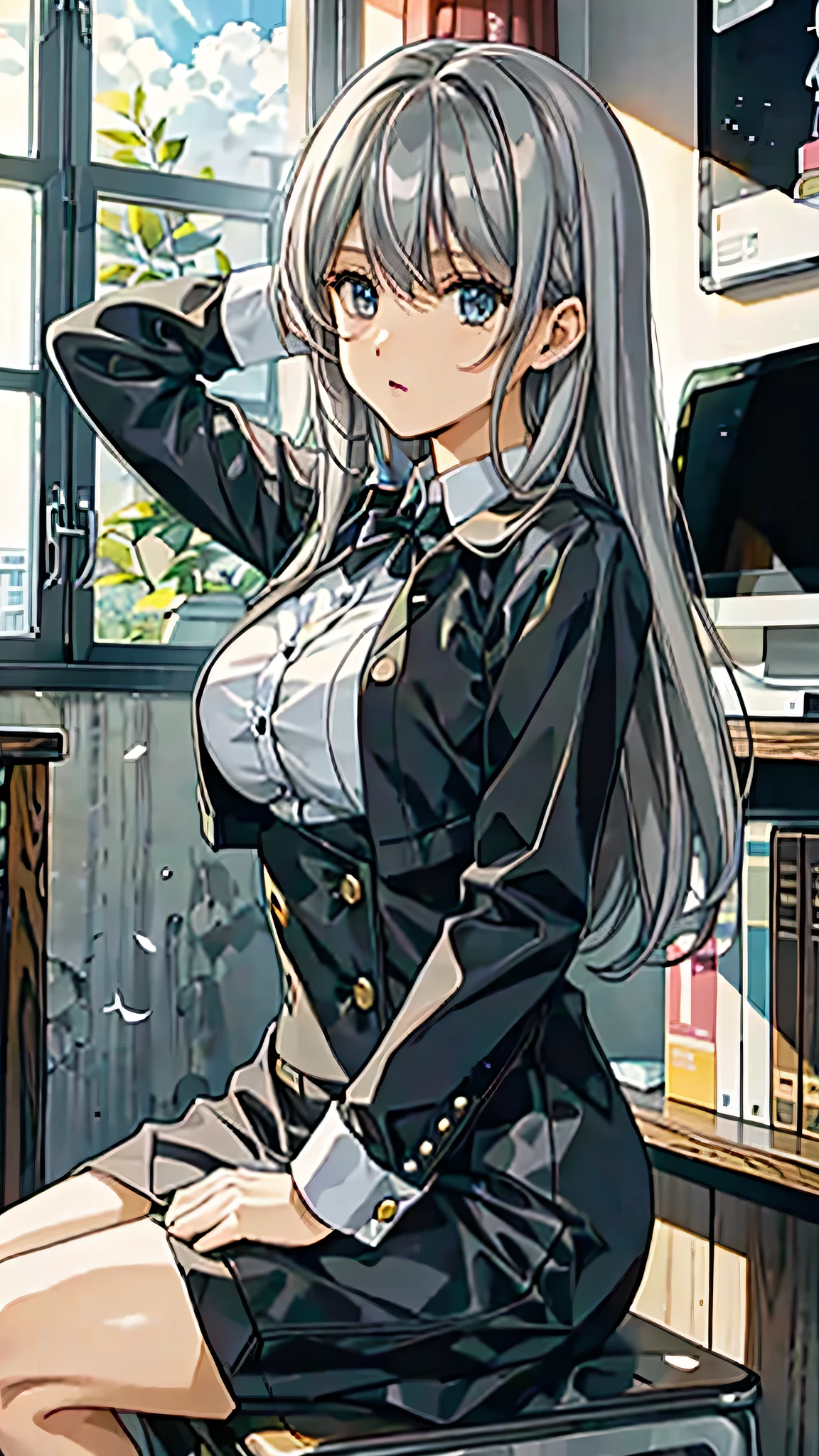 最high quality、best image quality、masterpiece、teenage girl((18-year-old、 By becoming、vest bust、medium bust,wide open breast tea、black eye, gray hair、long hair、thin,highest valley、Black Y-shirt、Black Recruit Suit)),high quality、beautiful art、background((office))debris flies、Depth of written boundary、movie、visual art、perfect art、8K,genuine