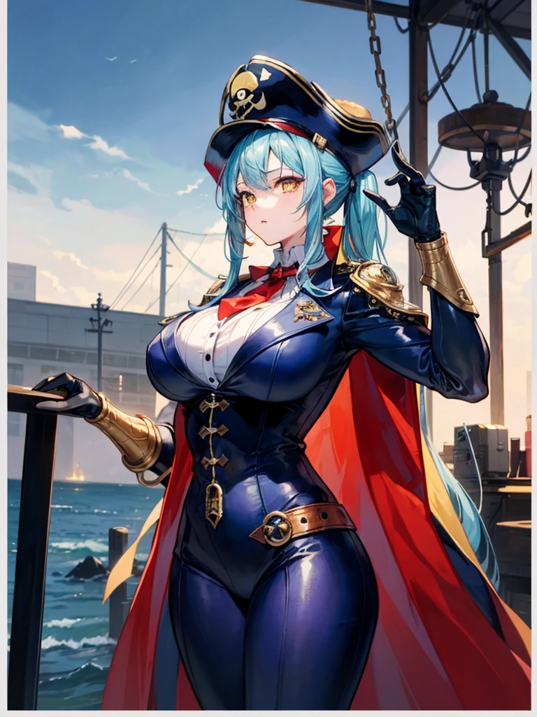 (((masterpiece、Highest image quality、highest quality、highly detailed unity 8kwallpaper)))、((Illustration of one girl、upper body))、(((beautiful girl)))、(female pirate)、(Light light blue hair、short ponytail:1.2、yellow eyes)、(((Right hand is a prosthetic hand、steampunk prosthetic arm)))、((tall))、bulky figure, massive frame, thick neck, sturdy arms, powerful legs、(captain's suit、Pirate hat、Blue coat)、pier