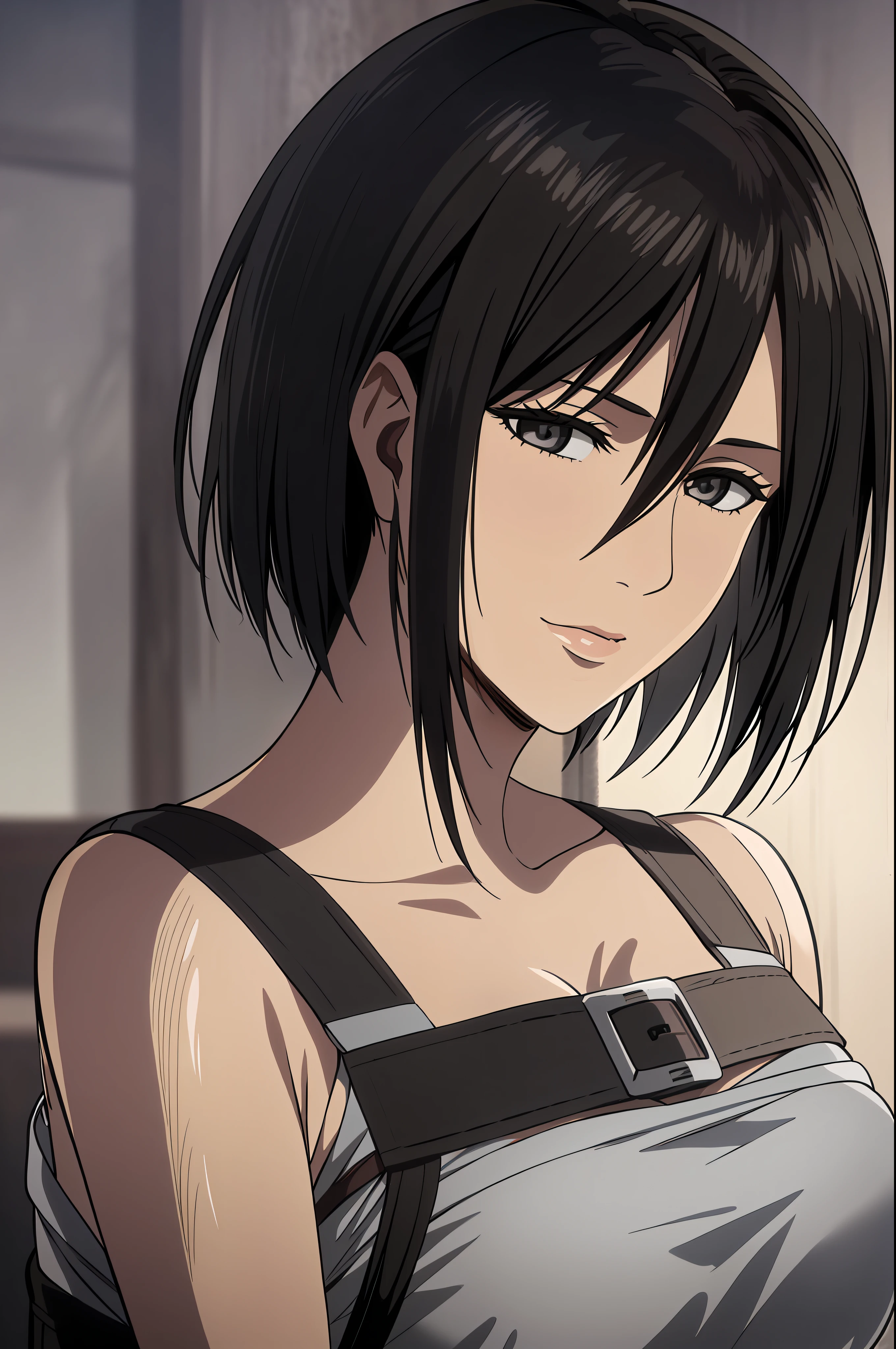 1 girl, Mikasa Ackerman, (black hair:1.3), hair between eyes, short hair, temple, gray eyes, lips, split, close up, alone, lips,, masterpiece, best quality,