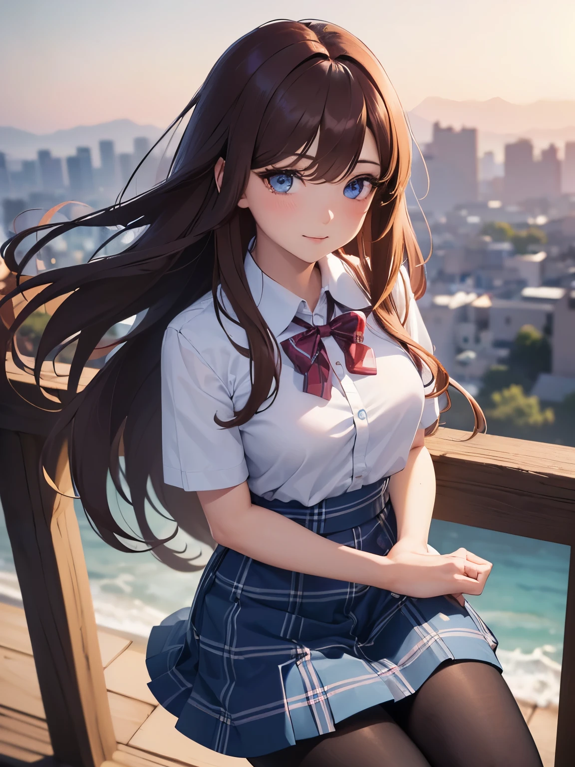 very cute and beautiful girl,(highly detailed beautiful face and eyes:1.2), (smile),blush,white school blouse,ribbon,pleated plaid mini skirt, sitting,spread legs,(white panties),dynamic angle,looking at viewer,black hair,flower garden,grassland,distant ocean background, (best quality,masterpiece:1.2),absurdres,highres,ultra-detailed,extremely detailed,32k,8k resolution, intricate details,cinematic scene,detailed background,solo,dynamic angle, hair fluttering in the wind,beautiful detailed sky,