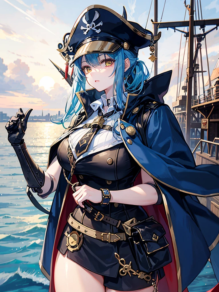 (((masterpiece、Highest image quality、highest quality、highly detailed unity 8kwallpaper)))、((Illustration of one girl、upper body))、(((beautiful girl)))、(female pirate)、(Light light blue hair、short ponytail:1.2、yellow eyes)、(((Right hand is a prosthetic hand、steampunk prosthetic arm)))、((tall))、bulky figure, massive frame, thick neck, sturdy arms, powerful legs、(captain's suit、Pirate hat、Blue coat)、pier