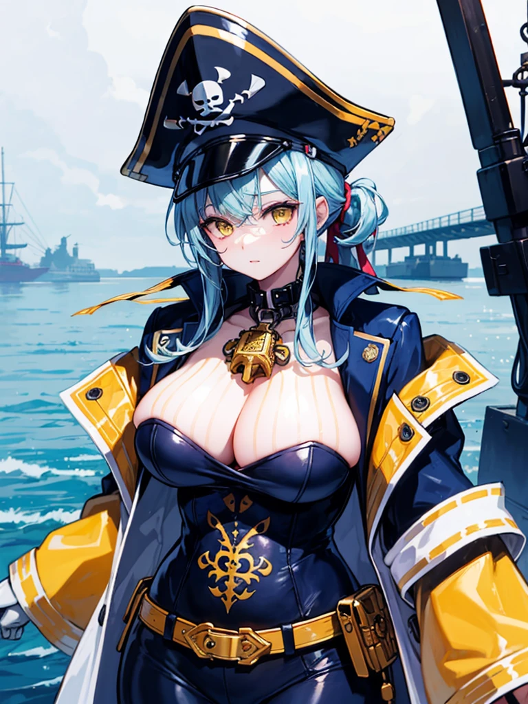 (((masterpiece、Highest image quality、highest quality、highly detailed unity 8kwallpaper)))、((Illustration of one girl、upper body))、(((beautiful girl)))、(female pirate)、(Light light blue hair、short ponytail:1.2、yellow eyes)、(((Right hand is a prosthetic hand、steampunk prosthetic arm)))、((tall))、bulky figure, massive frame, thick neck, sturdy arms, powerful legs、(captain's suit、Pirate hat、Blue coat)、pier