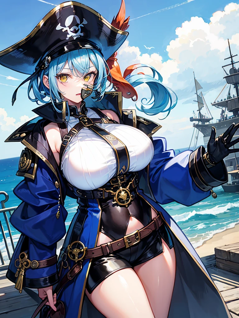 ((1 pirate woman, belt on breasts, panties with open zip, bare breasts, skull tattoo on face)),((medium breasts)),((very large pubic hair)),((large yellow hair)), ((blue eyes, smile)),((facing the viewer)),((on a pirate ship, at sea during the day)),