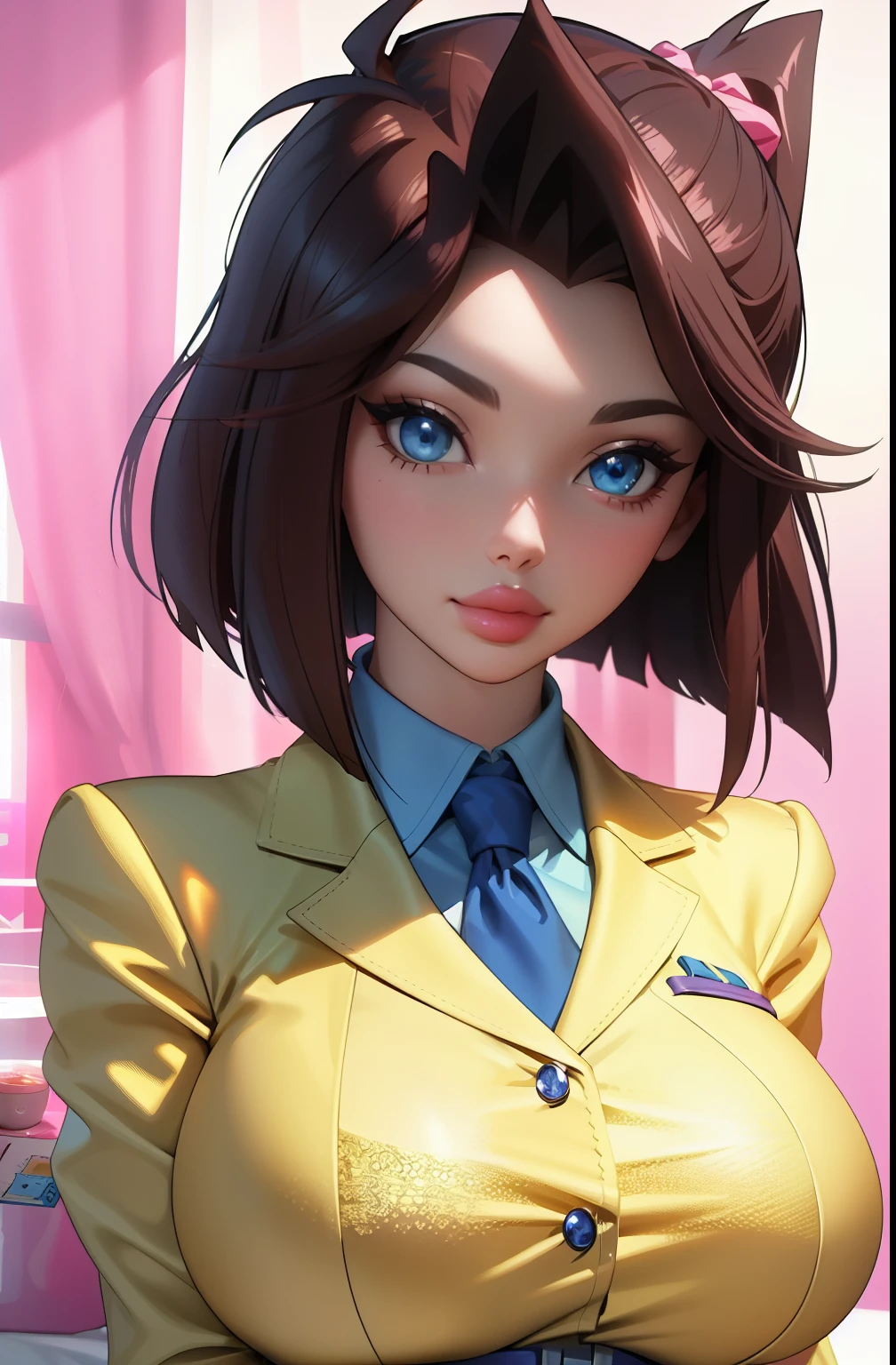 Highest quality,The perfect masterpiece,Perfect artwork,8K,
(Upper body portrait:1.5),(gigantic breasts:1.3),Delicate face, lens, slendered abs, ((tea Gardner)), ((anzu)), Yugioh, 
((Aletta ocean face)), blue ribbon on collar, (pink blazer), (brunette), (short bobcut), Beauty and dragon,water light reflection,pearl illusion,candy color,Cyberpunk,fashion trend,3s material,high-definition,detail representation,3D,c4d,3D,octane rendering,ray tracing,complex details,animated lighting,C4d,OCrenderer,8k,best quality,