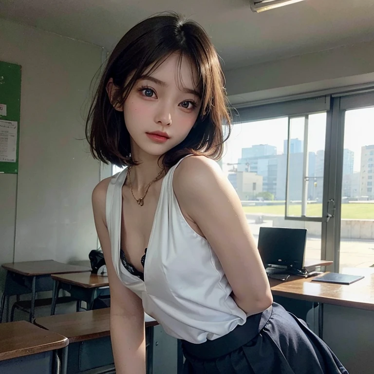 Downblouse, , munechira,(((small breasts))), looking away, leaning forward,bending over desk, from side , close up, necklace ,in classroom,loose blouse shirt,besides decolated detailed bra within,long skirt, short hair,8K, Best Quality, Masterpiece, Ultra High Resolution, (Realism: 1.4), Original Photo, (True Skin Texture: 1.3),