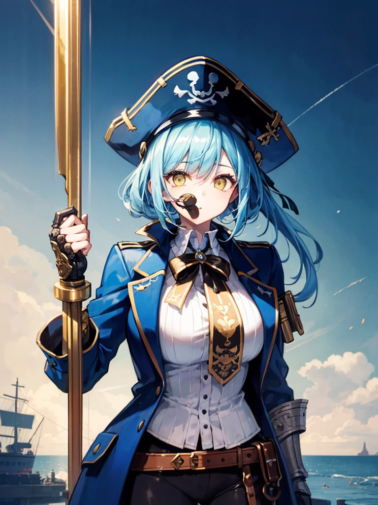 (((masterpiece、Highest image quality、highest quality、highly detailed unity 8kwallpaper)))、((Illustration of one girl、upper body))、(((beautiful girl)))、(female pirate)、(Light light blue hair、short ponytail:1.2、yellow eyes)、(((Right hand is a prosthetic hand、steampunk prosthetic arm)))、((tall))、bulky figure, massive frame, thick neck, sturdy arms, powerful legs、(captain's suit、Pirate hat、Blue coat)、pier