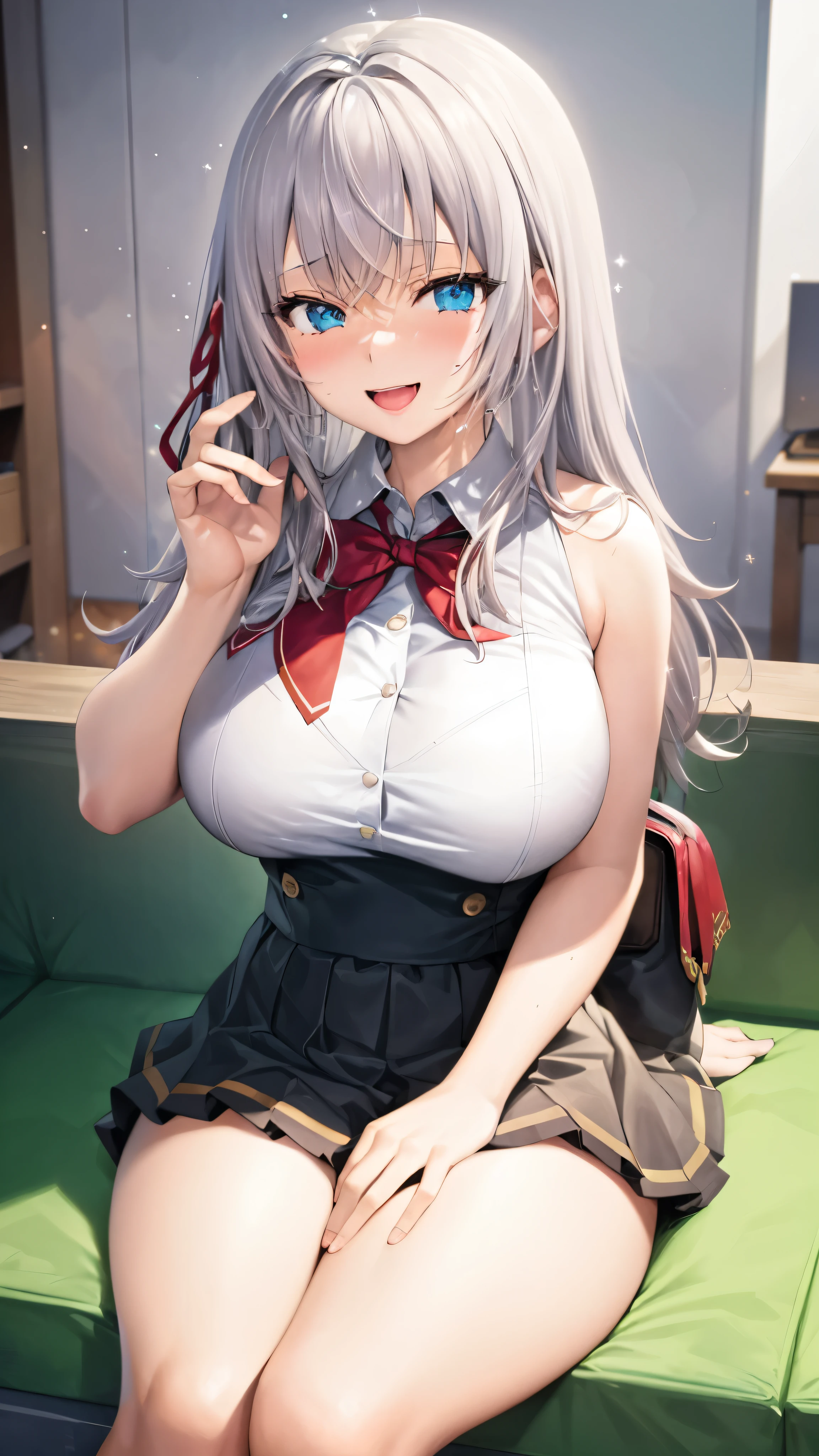 4k, Extremely detailed HD,( Detailed faces), sparkling white hair, blue eyes, big breasts, big thighs,White shirt, short skirt, sit, look at the viewer, laugh 