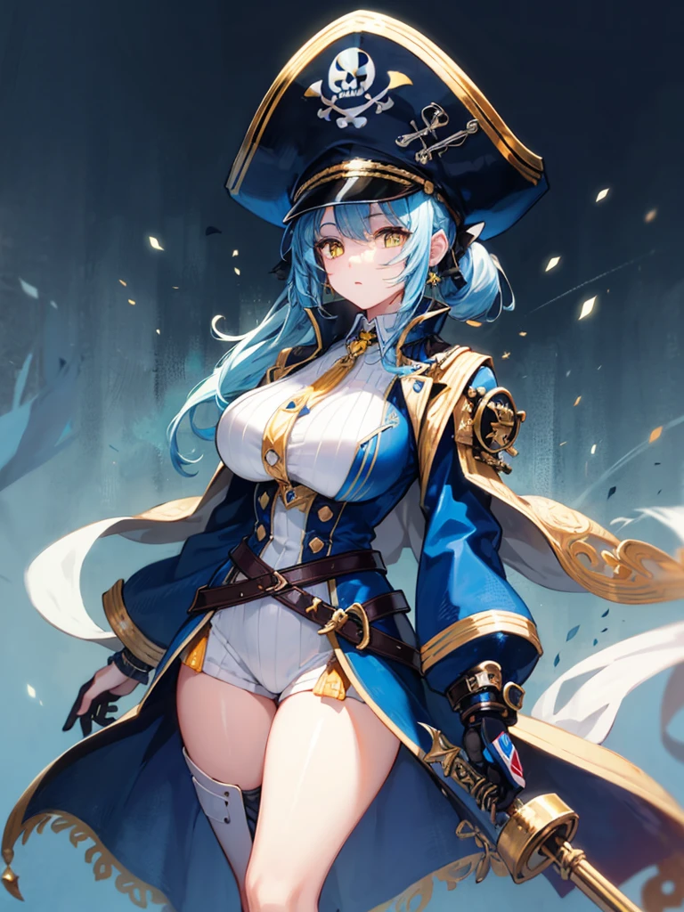 (((masterpiece、Highest image quality、highest quality、highly detailed unity 8kwallpaper)))、((Illustration of one girl、upper body))、(((beautiful girl)))、(female pirate)、(Light light blue hair、short ponytail:1.2、yellow eyes)、(((Right hand is a prosthetic hand、steampunk prosthetic arm)))、((tall))、bulky figure, massive frame, thick neck, sturdy arms, powerful legs、(captain's suit、Pirate hat、Blue coat)、pier