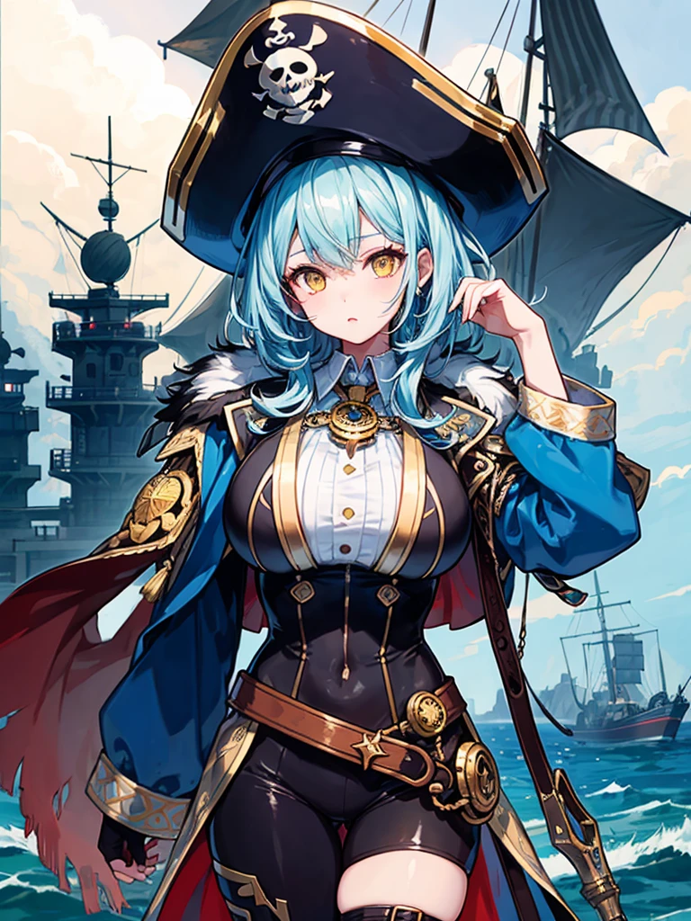 （（（masterpiece、Highest image quality、highest quality、highly detailed unity 8ｋwallpaper）））、（（Illustration of one girl、upper body））、（（（beautiful girl）））、（female pirate）、（Light light blue hair、short ponytail：1.2、yellow eyes）、（（（Right hand is a prosthetic hand、steampunk prosthetic arm）））、（（tall））、bulky figure, massive frame, thick neck, sturdy arms, powerful legs、（captain&#39;s suit、Pirate hat、Blue coat）、pier