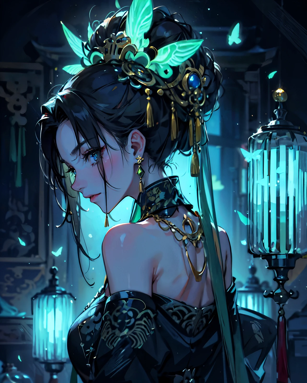 (masterpiece, best quality), solo, woman, elegant, evil, mysterious, dramatic, ((Chinese empress)), empress, black hair with bun, both eyes-closed, (long dramatic black and green colours qipao), hair accessories, (jade accessories), Chine lamps, shrine, Chinese temple in background, soft glow effect, vivid colors, neon, intricate details, portrait, (back view), Upper-body, scenery