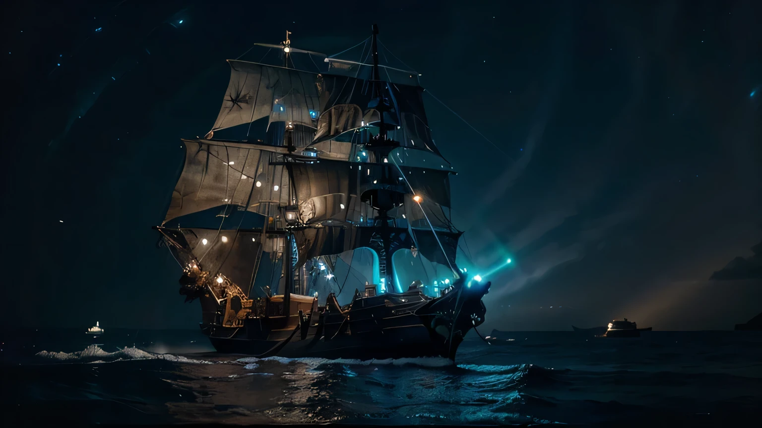(Pirate ship sailing into a bioluminescence sea with a galaxy in the sky), epic, 4k, ultra,