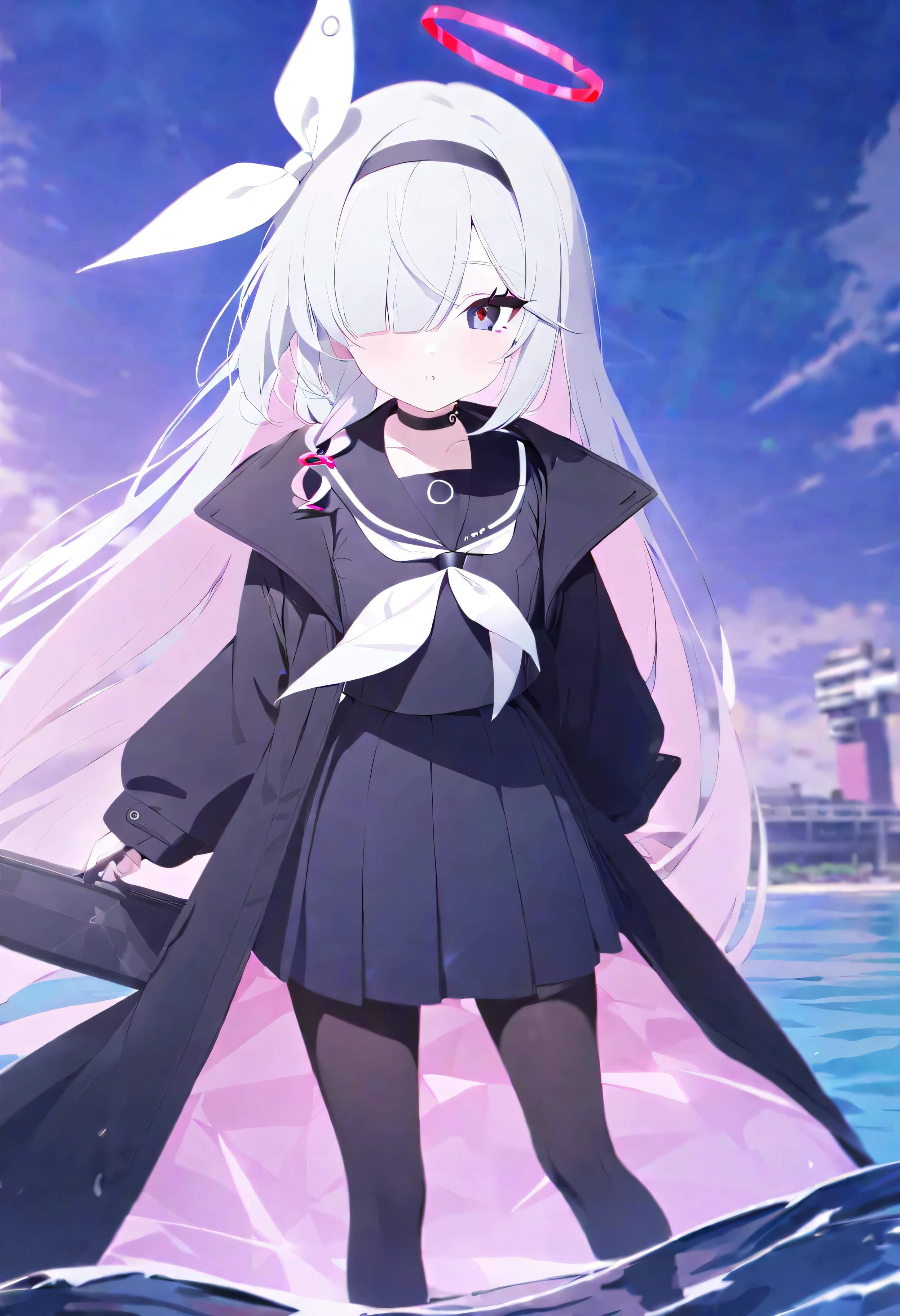 p在k_theme plAnA_\(蓝色的_Archive\) Anime_女孩_在_blAck_裙子_stAnd在g_在_wAter_和_A_鸟_在_她_hAnd best_quAlity newest mAsterpiece 1女孩 solo hAlo pAntyhose long_hAir neckerchief brAid school_uniform hAir_超过_一_eye hAirbAnd white_hAir serAfuku skirt sAilor_collAr blAck_pAntyhose blAck_serAfuku blAck_skirt choker look在g_At_viewer pleAted_裙子白色_neckerchief bAngs coAt blAck_衬衫灰色_eyes shirt s在gle_brAid pArted_嘴唇长_sleeves blAck_hAirbAnd blAck_颈链五彩_hAir 丝带 hAir_丝带