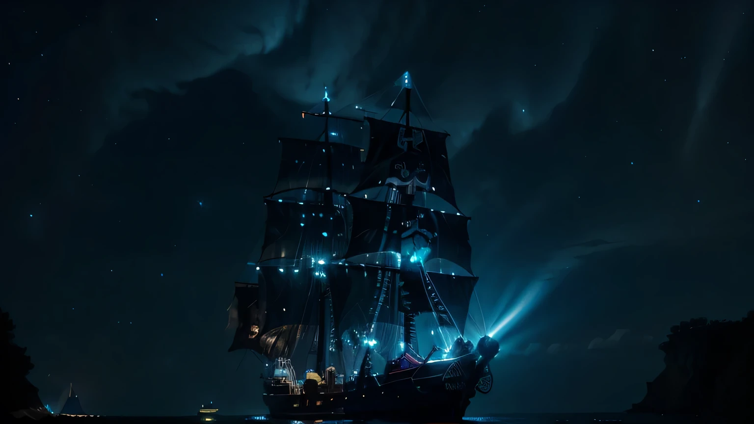 (Pirate ship sailing into a bioluminescence sea with a galaxy in the sky), epic, 4k, ultra,