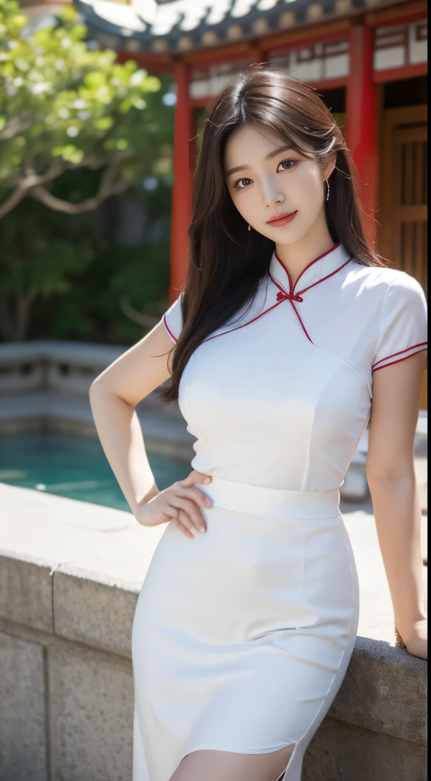 Foto hiperrealista en primer plano de Kim Ji-soo from Korea, masterpiece, best quality, (photorealistic:1.4), full body, Luxurious white Satin Cheongsam shirt, white midi midi pencil skirt, Chinese garden, sunny day, cinematic light, beautiful woman, skinny, large big breasts, black long hair, detailed face, smile, facing the camera, photo taken from a distance, age of 25 years old