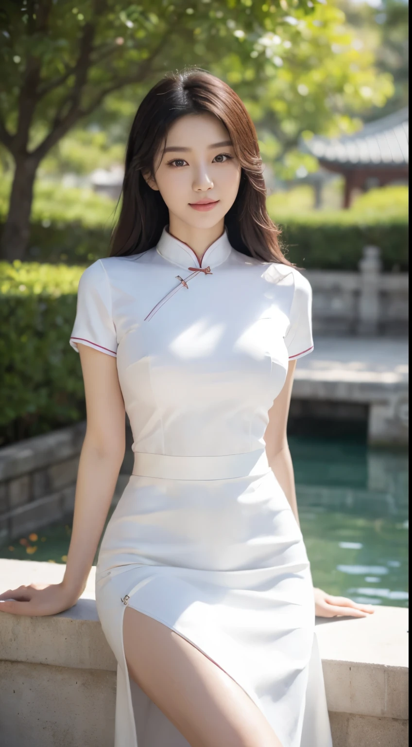 (highest quality、8k、masterpiece)、(china clothes in mini skirts:1.4),(White panties:1.5)、17 year old slender beauty,Flashy makeup using red eyeshadow,Open your mouth wide、Yōho、double eyelid,Delicate medium cut ponytail,squat、Spread your legs, White pantiesーを見せる,彼女のWhite pantiesーがはっきりと見える、Sexy Chinese dress and silk mini skirt,The best smile,She is wearing a sexy short colorful cheongsam。。,Cheongsam with deep slit,Draw hands correctly,The background is the bright interior of a Chinese restaurant...,