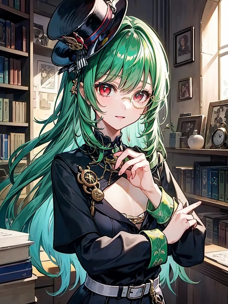 （（（masterpiece、Highest image quality、highest quality、highly detailed unity 8ｋwallpaper）））、（（Illustration of one girl、upper body））、（（（beautiful girl）））、（librarian）、（Emerald green hair、messy hair、sidelocks：1.2、red eyes、crazy smile）、（（（flat chest）））、（（（monocle）））、pocket watch、（（（Black top hat、Black tuxedo、belt）））、great medieval library、Large amount of books