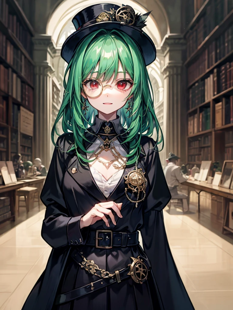 （（（masterpiece、Highest image quality、highest quality、highly detailed unity 8ｋwallpaper）））、（（Illustration of one girl、upper body））、（（（beautiful girl）））、（librarian）、（Emerald green hair、messy hair、sidelocks：1.2、red eyes、crazy smile）、（（（flat chest）））、（（（monocle）））、pocket watch、（（（Black top hat、Black tuxedo、belt）））、great medieval library、Large amount of books