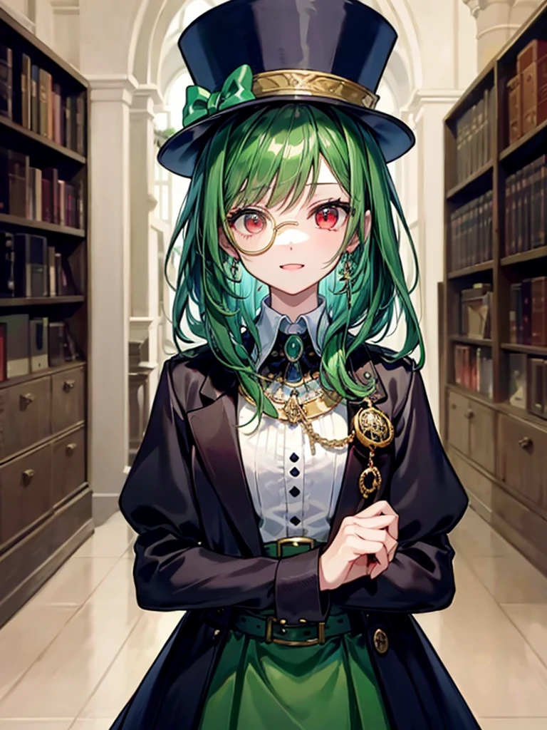 (((masterpiece、Highest image quality、highest quality、highly detailed unity 8kwallpaper)))、((Illustration of one girl、upper body))、(((beautiful girl)))、(librarian)、(Emerald green hair、messy hair、sidelocks:1.2、red eyes、crazy smile)、(((flat chest)))、(((monocle)))、pocket watch、(((Black top hat、Black tuxedo、belt)))、great medieval library、Large amount of books