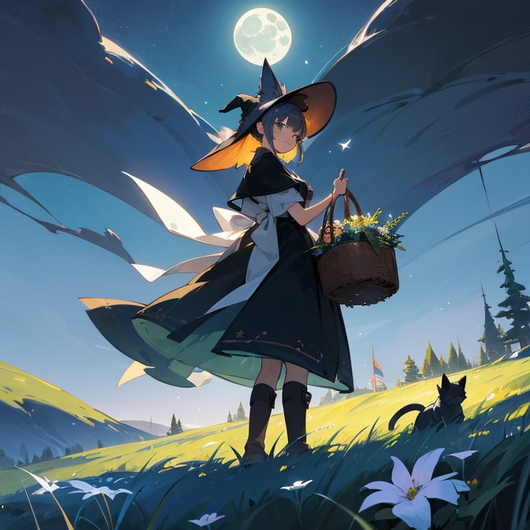 (color々A witch around 25 years old is standing there holding a large basket of medicinal herbs.) and (There is one cat with black fur.) 、Beige dress、黒colorのマント、黒colorの三角帽子、 dark brown long boots、 green eyes、 A sloppy smile 、Bluestone Pendant、(Moonlight night:1.4)、 starry ski、 (mountain forest grassland) 、colorとりどりの花々