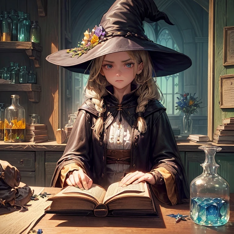 (A witch around 25 years old holding a thick leather bound book.:1.3)、 beige dress black cloak、dark brown long boots、green eyes、flaxen long braided hair、 troubled face、large sapphire brooch、sunroom、Chemistry Experiments、big pot、Many dried flowers hanging from the ceiling、(colors on the desk々Many medicine bottles of different colors:1.2)