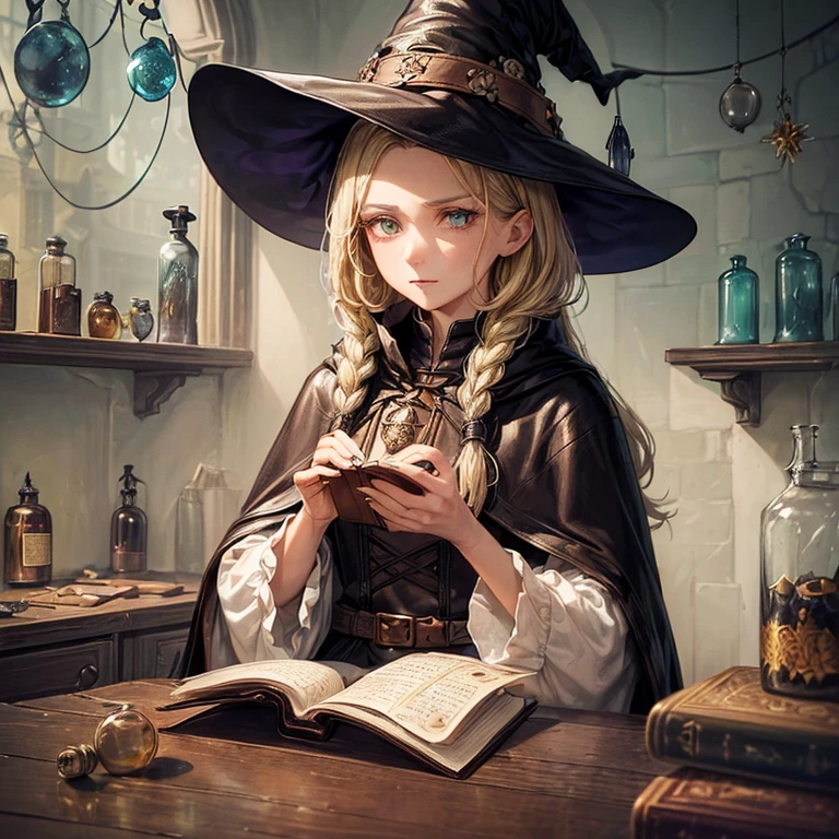(A witch around 25 years old holding a thick leather bound book.:1.3)、 beige dress black cloak、dark brown long boots、green eyes、flaxen long braided hair、 troubled face、large sapphire brooch、sunroom、Chemistry Experiments、big pot、Many dried flowers hanging from the ceiling、(colors on the desk々Many medicine bottles of different colors:1.2)