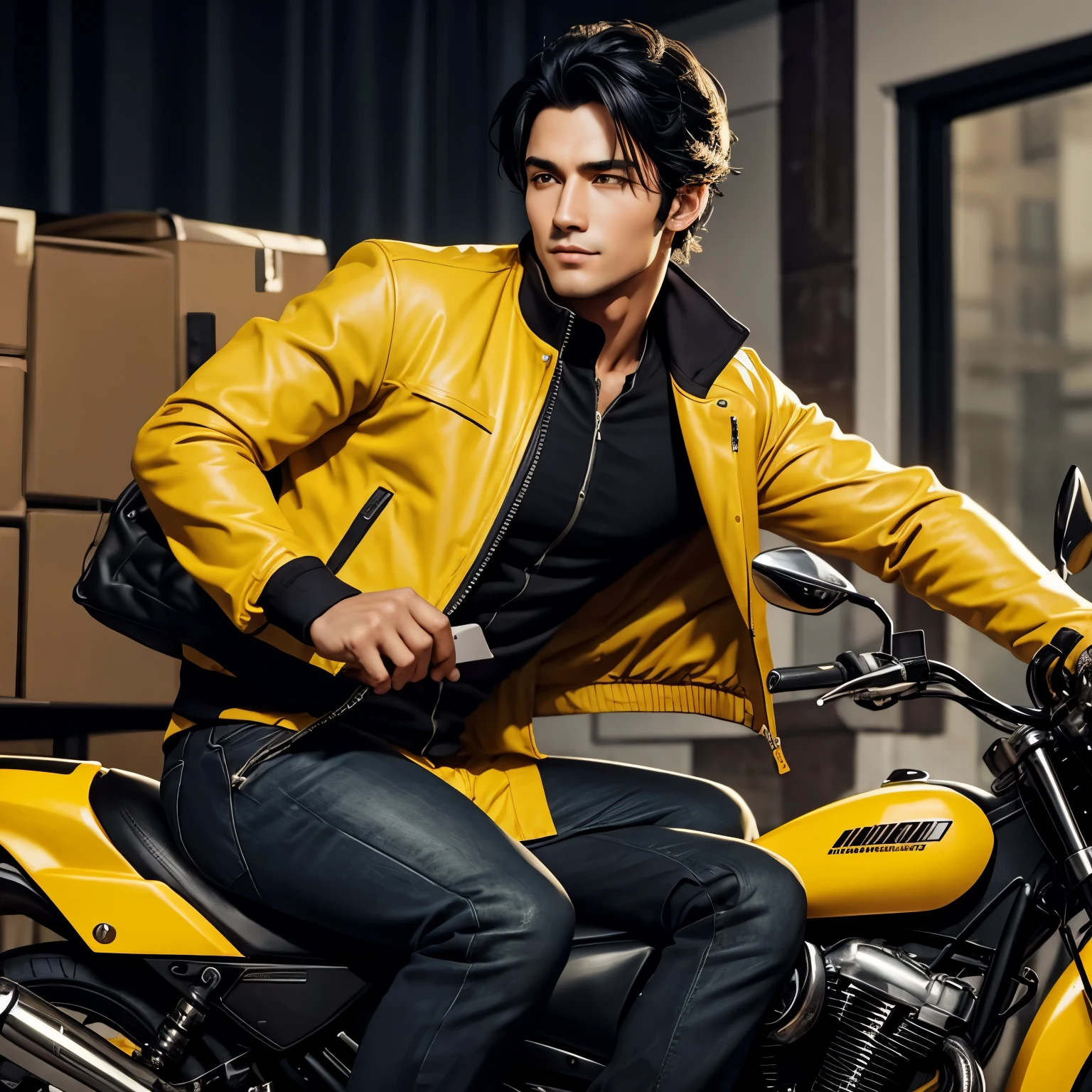 Handsome courier with black hair, wearing a yellow jacket and riding a motorbike 