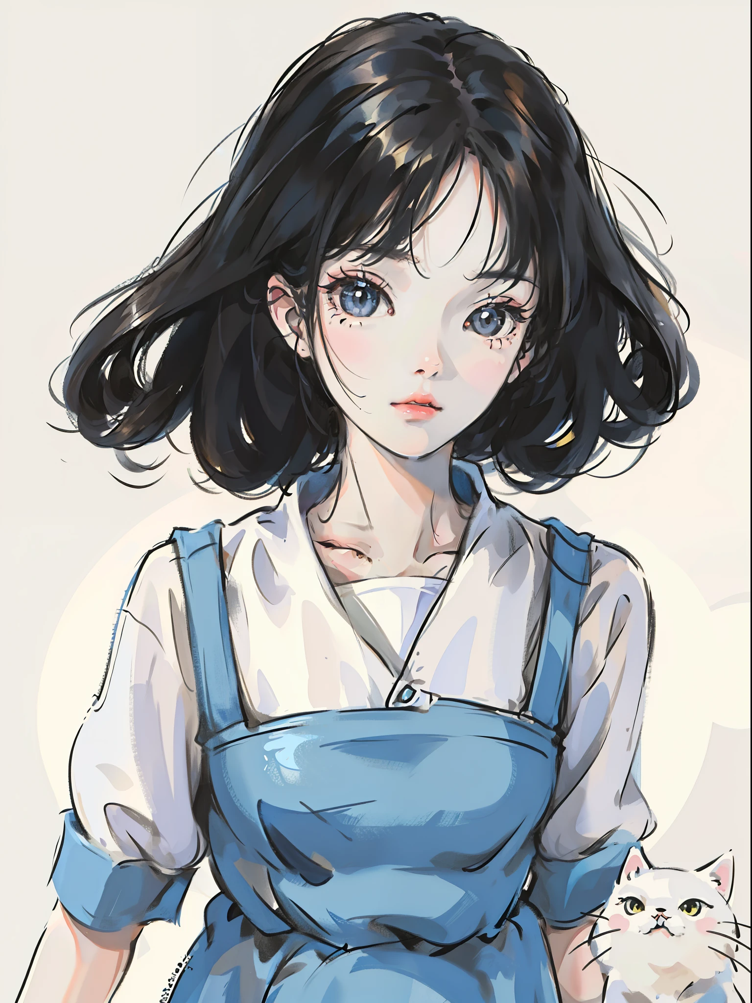 face close-up，background is white，A cat and a girl with short black hair，Cute and agile，illustration