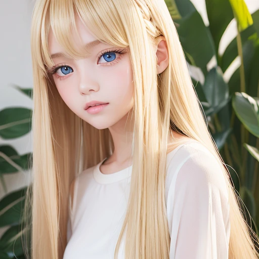 Beautiful super long straight silky hair shining dazzling golden color、bright look、Blonde girl posing with white top、long golden bangs between the eyes of the eyes,,,、fair skin with glossy skin、pink cheeks、shiny cheeks、Real Girl、10 year old girl、Beautiful girl in shining golden platinum blonde、Beautiful big bright blue eyes