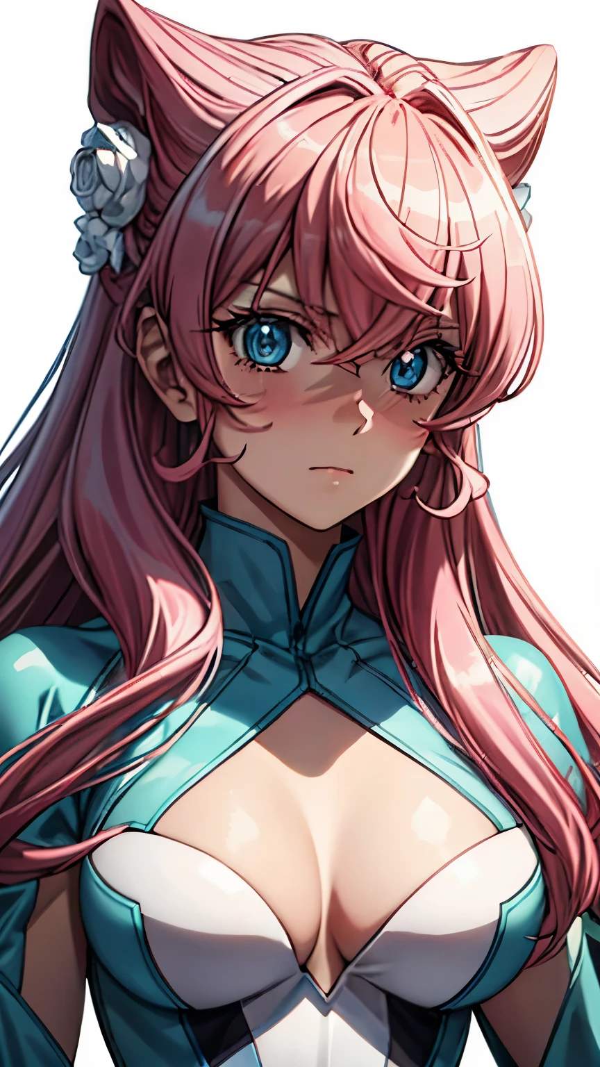 (masterpiece, best quality, ultra-detailed, highres, illustration:0.8), (upper body:1.3), extremely detailed wallpaper, official art, amazing, high detail, ultra-detailed, extremely detailed 8k wallpaper, wide shot, bright pink hair, light blue eyes with slit pupils, (white background:1.3), (1girl, solo),(bright blue bodysuit),sexy,perfect anatomy,beautiful face, Make eye contact with the camera,nose blush,