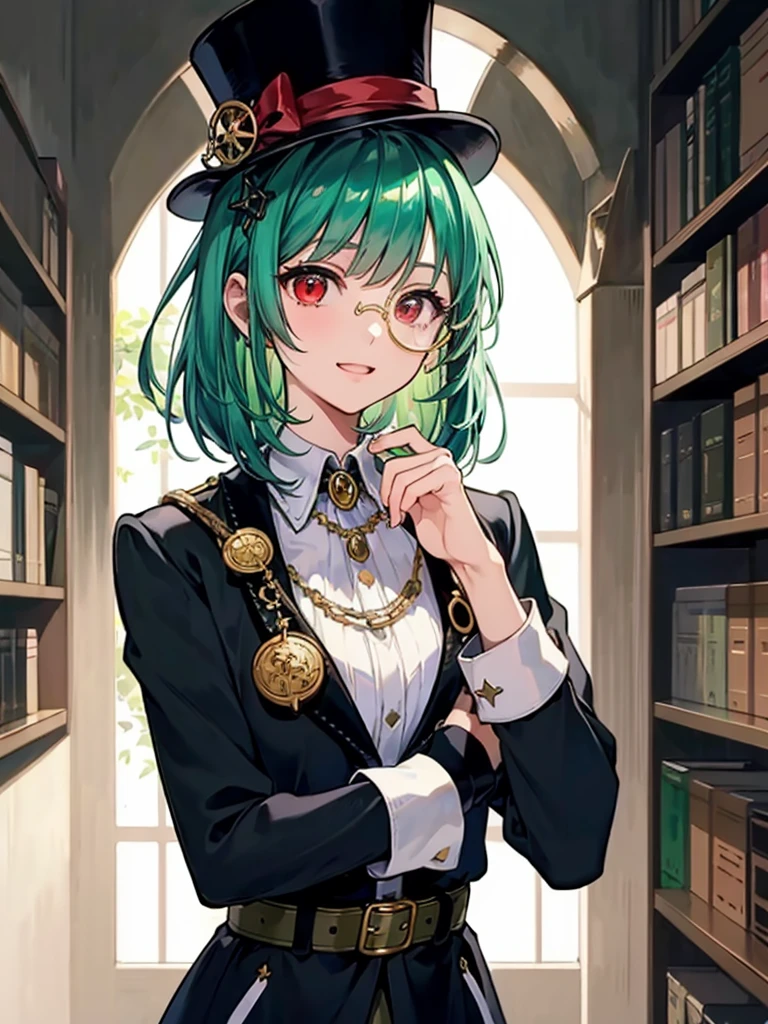 (((masterpiece、Highest image quality、highest quality、highly detailed unity 8kwallpaper)))、((Illustration of one girl、upper body))、(((beautiful girl)))、(librarian)、(Emerald green hair、messy hair、sidelocks:1.2、red eyes、crazy smile)、(((flat chest)))、(((monocle)))、pocket watch、(((Black top hat、Black tuxedo、belt)))、great medieval library、Large amount of books