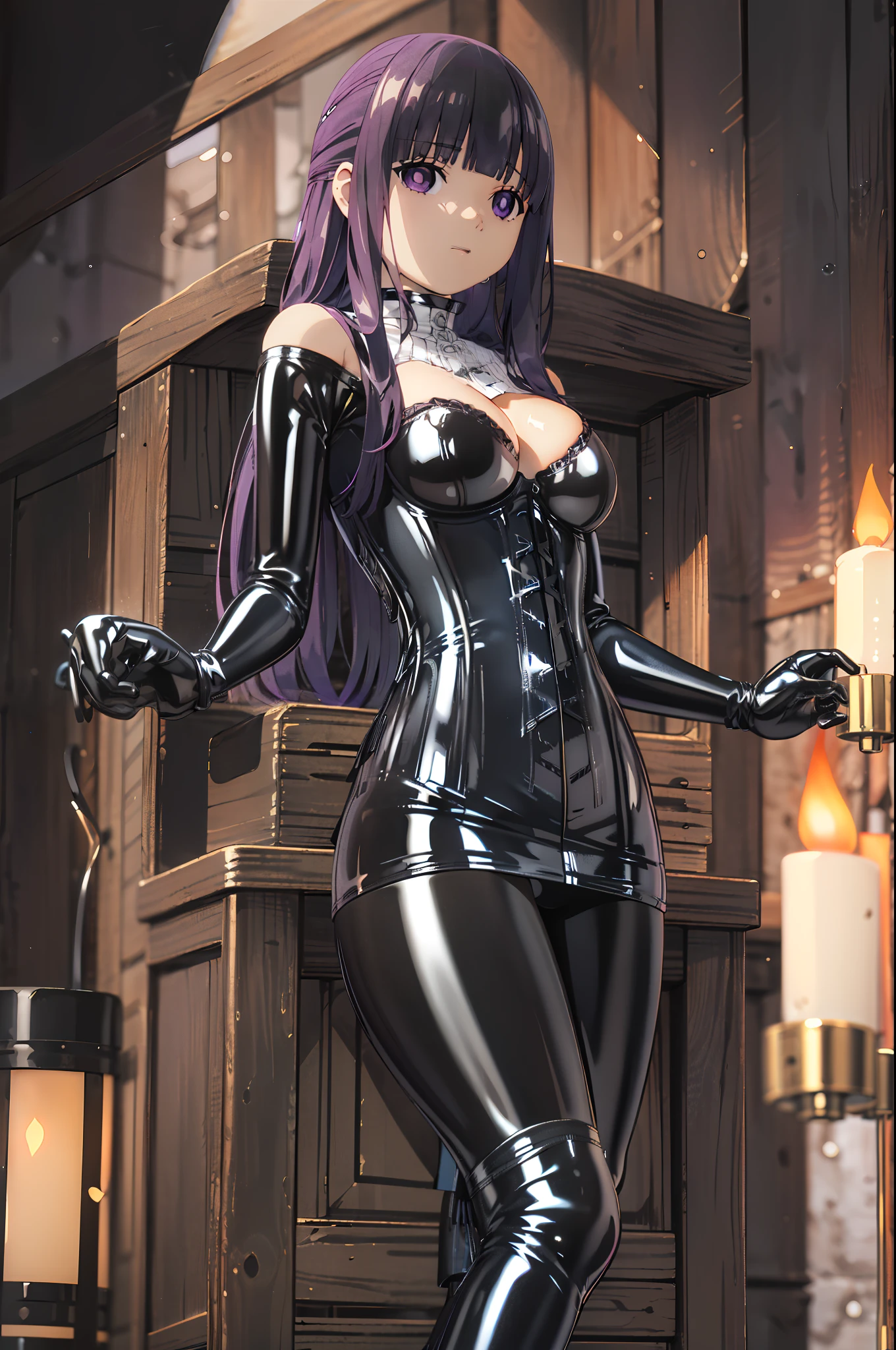 (highest quality, masterpiece),sexy, erotic, 1 girl, 18-year-old, despise, Pride, purple long hair, ((purple eyes)), looking at the viewer, medieval tabernacle, (close), ((dark room)), the candle is lit,, ((cleavage)), Mr.々Inside a torture chamber with various tools、
BDSM、(((black latex corset dress:1.4)))、The corset is decorated with beautiful embroidery.、corset dress with shoulder straps、(((black latex tight miniskirt:1.4)))、(((Black latex bra)))、(((Black latex panties)))、first round、((Black Thigh Boots))、high heel boots、Expressionless