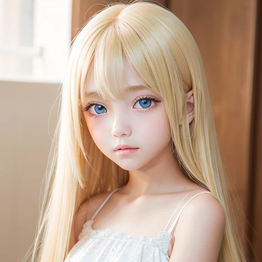 Beautiful super long straight silky hair shining dazzling golden color、bright look、Blonde girl posing with white top、long golden bangs between the eyes of the eyes,,,、fair skin with glossy skin、pink cheeks、shiny cheeks、Real Girl、10 year old girl、Beautiful girl in shining golden platinum blonde、Beautiful big bright blue eyes
