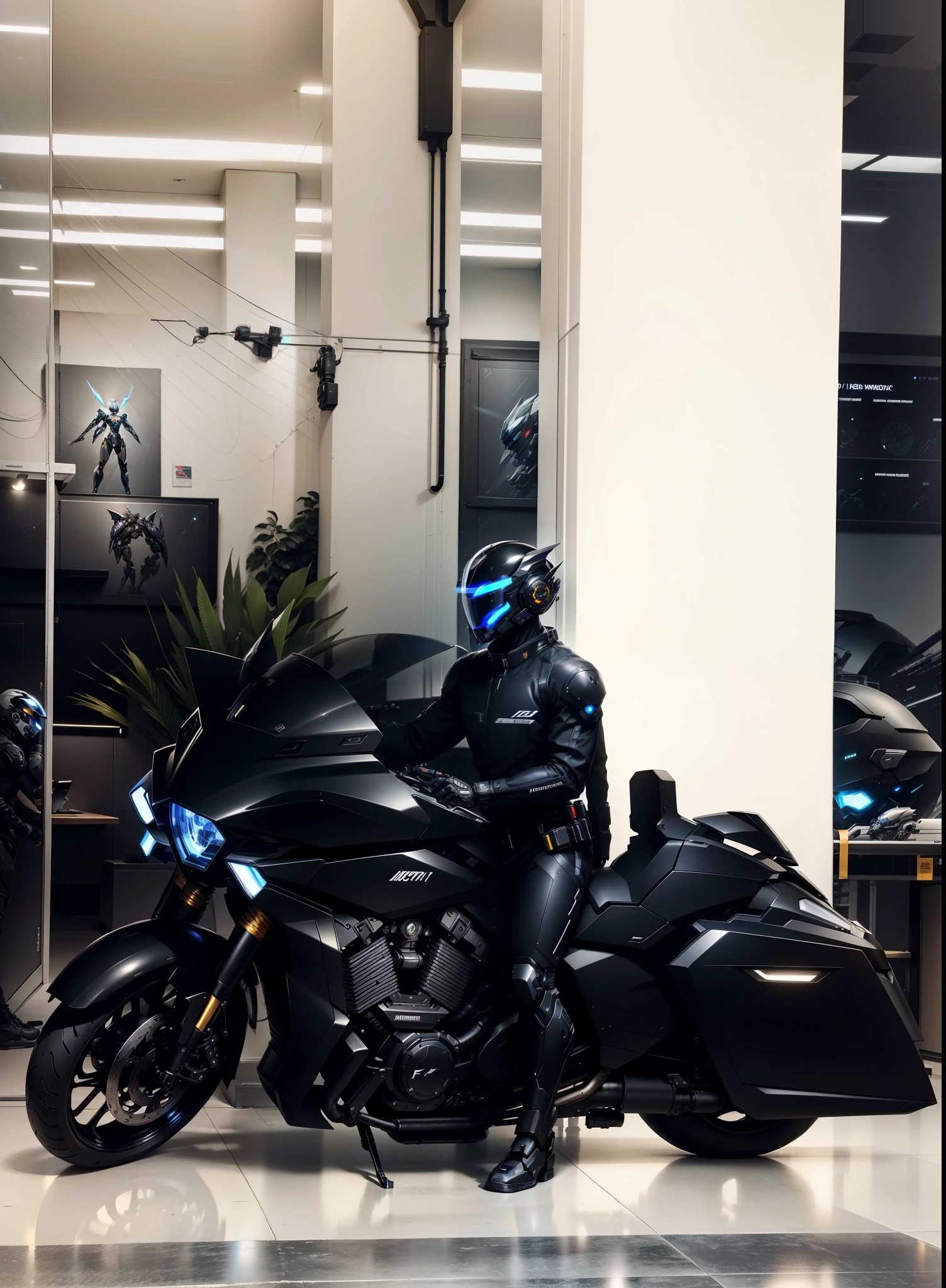 Handsome full body black mecha white short hair cyber handsome warrior, Black Cyber Mechanical Motorcycle, High-tech black full-face helmet, white short hair, Noor, biology, MSHN people, High-tech helmet, Surrealism, steel, complex design, Crazy details, Exquisite details, The lines are extremely clear, light, photorealism, detailed masterpiece