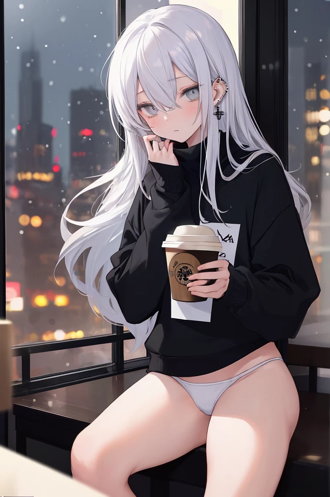 ((masterpiece:1.4, best quality:1.2)), 1girl, solo focus, beautiful skin, blush, black sweatshirt, long white hair, grey eyes, sitting, earrings, Hands piercing, coffee shop window, night, snowing, cityscape, tall female, beautiful and delicate female, comfy ambience, {detailed background}, I'm not wearing panties, hair over one eye, shy, Not wearing underwear, sexy, naked, Your genitals are visible, spread your leg, Show your panties