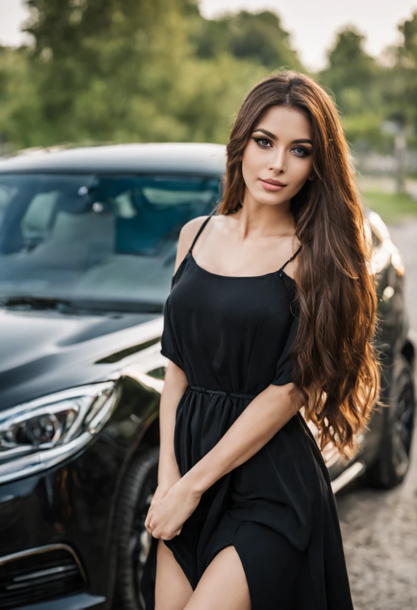 arafed woman with long hair and a black dress standing in front of a car, 50mm portrait, attractive girl, attractive woman, gorgeous woman, beautiful young woman, 7 0 mm portrait, a beautiful young woman, 60mm portrait, beautiful woman, very beautiful young woman, cute woman, young beautiful woman, cute young woman, stunning woman, beautiful girl