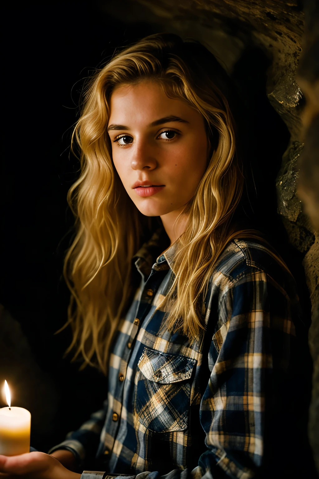 photograph of a 15yo blondr girl, (troubled facial expression), textured skin, goosebumps, blonde afro hair, plaid flannel shirt with distressed boyfriend jeans, cowboy shot, dark and mysterious cave with unique rock formations and hidden wonders, perfect eyes, (candlelight,chiaroscuro), Porta 160 color, shot on ARRI ALEXA 65, bokeh, sharp focus on subject, shot by Don McCullin