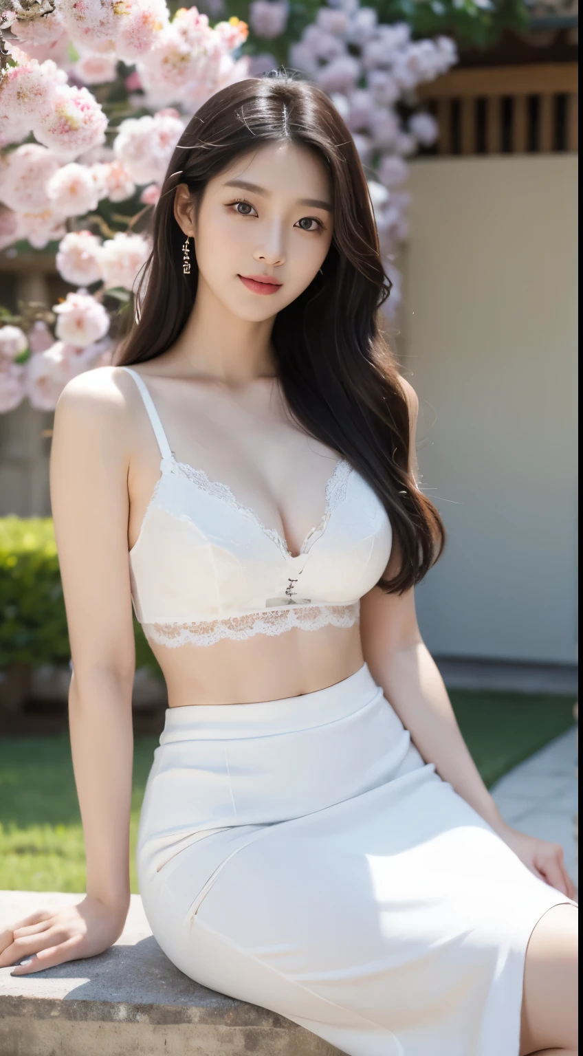 Foto hiperrealista en primer plano de Kim Ji-soo from Korea, masterpiece, best quality, (photorealistic:1.4), full body, Luxurious white lace bra, white midi midi pencil skirt, Chinese garden, sunny day, cinematic light, beautiful woman, skinny, large big breasts, black long hair, detailed face, smile, facing the camera, photo taken from a distance, age of 25 years old