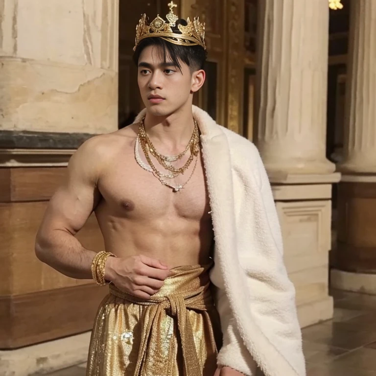 ((sunset)),soft light,classic painting,an emperor of the Ancient Roman Empire,(gold crown),in the Pantheon,
b0ndage,wearing strap,bondage outfit,
contemplative pose,(gazing into the distance),(short white hair),deep tan skin,(fat body),prominent pectorals,invisible obliques,bulge,
ring,jewelry,white fur cape,gold bracelet,white fur trim,gold chain,
intricate historical patterns,light and shadow across his body,building with arched openings on background,statuesque male,masterpiece,best quality,depth of field,