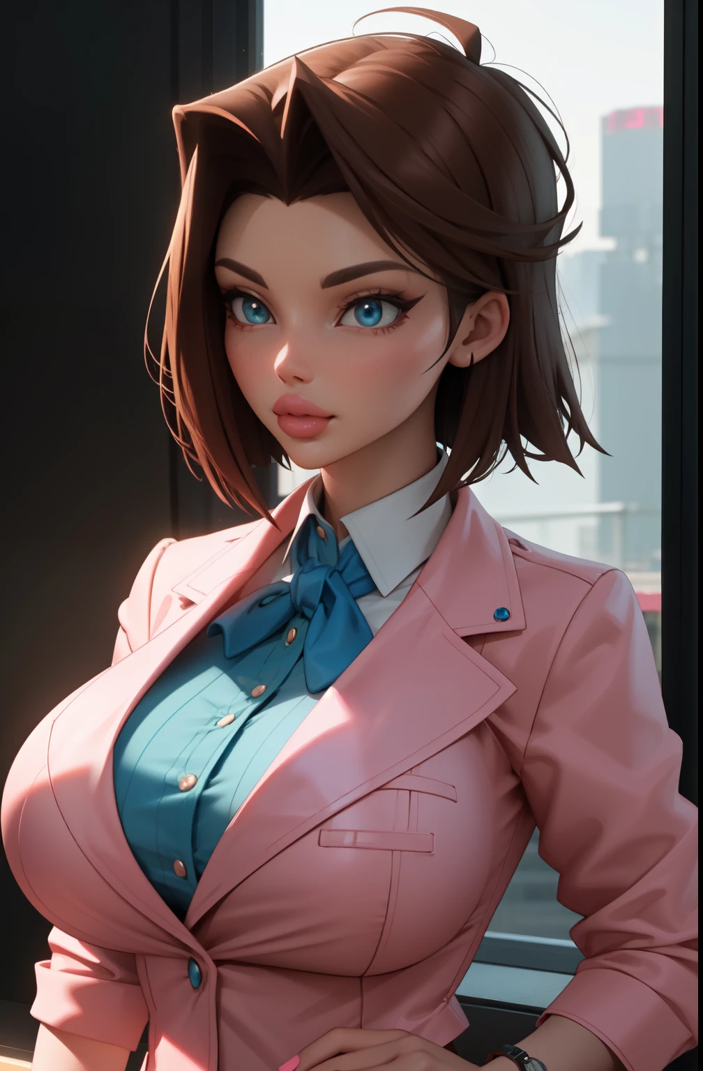 Highest quality,The perfect masterpiece,Perfect artwork,8K,
(Upper body portrait:1.5),(gigantic breasts:1.3),Delicate face, lens, slendered abs, ((tea Gardner)), ((anzu)), Yugioh, 
((Aletta ocean face)), blue ribbon on collar, (pink blazer), (brunette), (short bobcut), Beauty and dragon,water light reflection,pearl illusion,candy color,Cyberpunk,fashion trend,3s material,high-definition,detail representation,3D,c4d,3D,octane rendering,ray tracing,complex details,animated lighting,C4d,OCrenderer,8k,best quality,