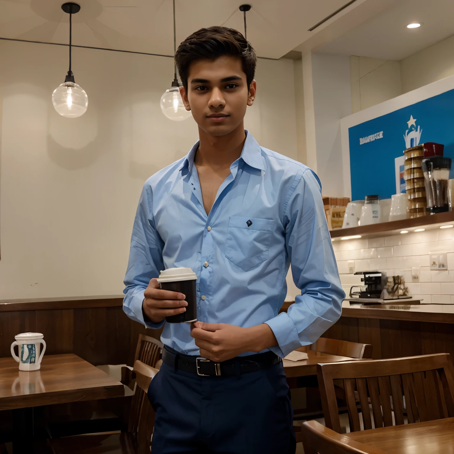 A 18year old boy skinny just white (Indian fair) photo wearing blue formal shirt with Starbucks coffee cup in hand in a designed restaurant.