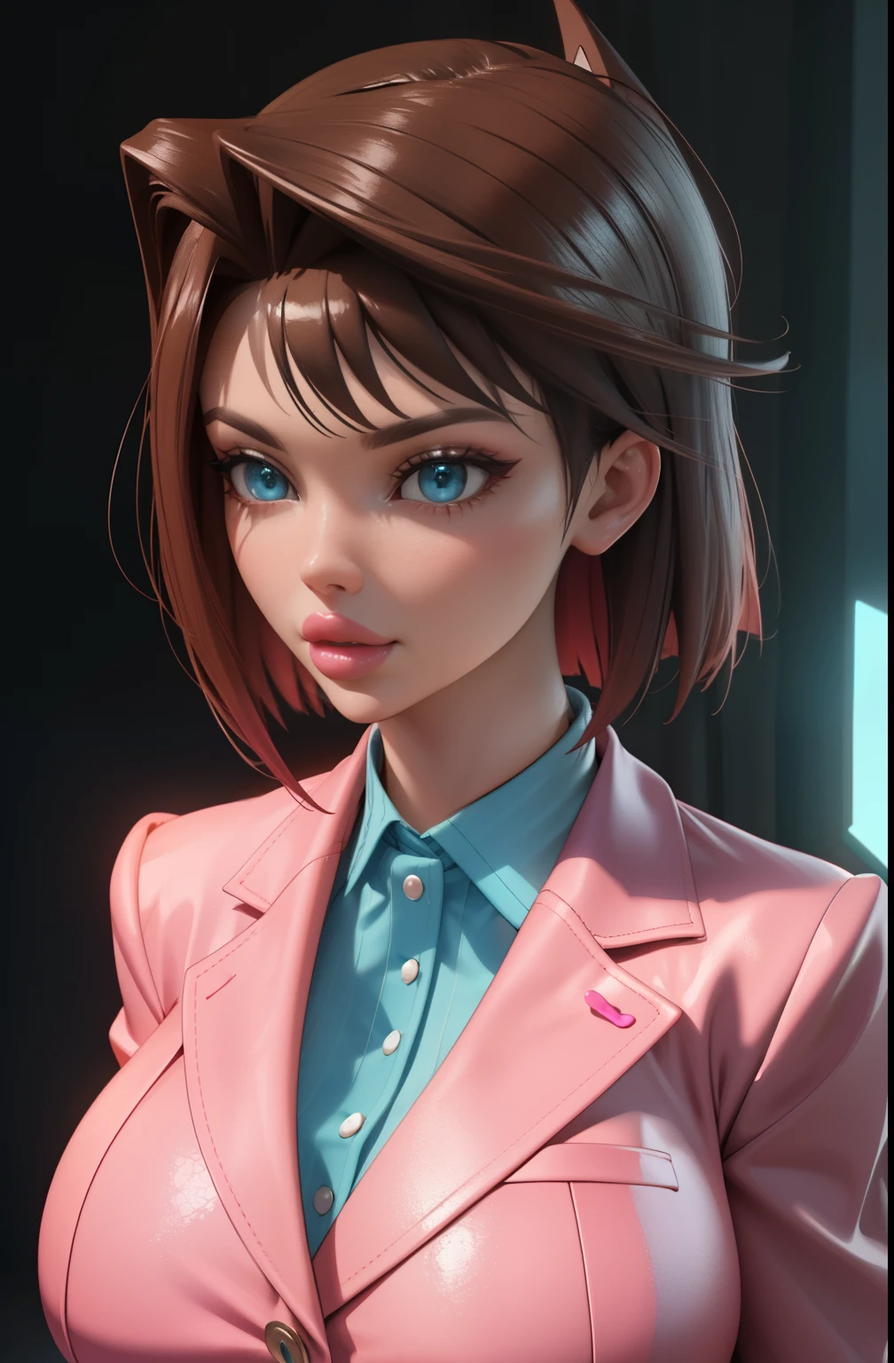 Highest quality,The perfect masterpiece,Perfect artwork,8K,
(Upper body portrait:1.5),(gigantic breasts:1.3),Delicate face, lens, slendered abs, ((tea Gardner)), ((anzu)), Yugioh, 
((Aletta ocean face)), blue ribbon on collar, (pink blazer), (brunette), (short bobcut), Beauty and dragon,water light reflection,pearl illusion,candy color,Cyberpunk,fashion trend,3s material,high-definition,detail representation,3D,c4d,3D,octane rendering,ray tracing,complex details,animated lighting,C4d,OCrenderer,8k,best quality,