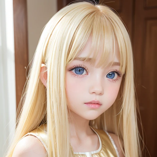 Beautiful super long straight silky hair shining dazzling golden color、bright look、Blonde girl posing with white top、long golden bangs between the eyes of the eyes,,,、fair skin with glossy skin、pink cheeks、shiny cheeks、Real Girl、 girl、Beautiful girl in shining golden platinum blonde、Beautiful big bright blue eyes