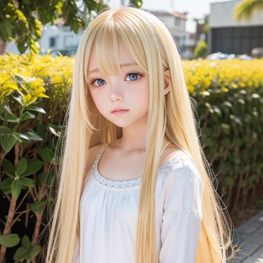 Beautiful super long straight silky hair shining dazzling golden color、bright look、Blonde girl posing with white top、long golden bangs between the eyes of the eyes,,,、fair skin with glossy skin、pink cheeks、shiny cheeks、Real Girl、10 year old girl、Beautiful girl in shining golden platinum blonde、Beautiful big bright blue eyes