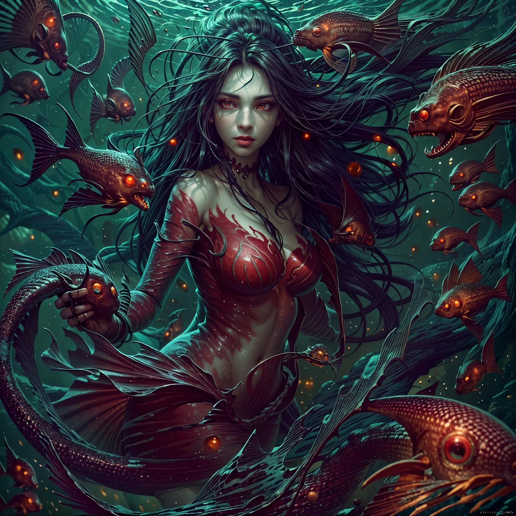 high details, best quality, 16k, [ultra detailed], masterpiece, best quality, (extremely detailed), full body, ultra wide shot, RAW, photorealistic, dark fantasy art, dnd art, rpg art, realistic art, an ultra wide picture of a vampiric mermaid (1.5 intricate details, Masterpiece, best quality) blood mage casting ((blood control spell)), blood wizard ((blood magic, intense magic details)), ((controlling a swirling mass of blood)) underwater, magical symbols GlowingRunes_pink, female vampiric mermaid, pale skin, black hair, long hair, swirling hair, lower body tail fin, intense eyes, red eyes, small (( red eyes)), ((glowing eyes)), wearing sea shell clothing, beautiful dark mermaid, underwater background, rich underwater life, ((magical atmosphere)), fish and sea weeds, high details, best quality, highres, ultra wide angle