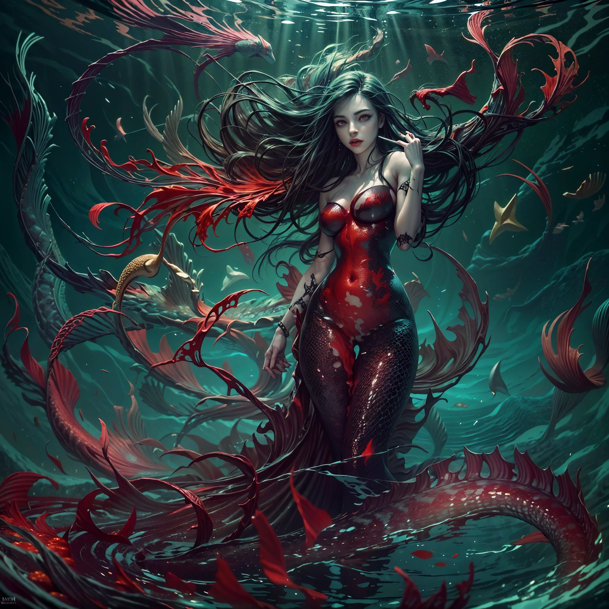 high details, best quality, 16k, [ultra detailed], masterpiece, best quality, (extremely detailed), full body, ultra wide shot, RAW, photorealistic, dark fantasy art, dnd art, rpg art, realistic art, an ultra wide picture of a vampiric mermaid (1.5 intricate details, Masterpiece, best quality) blood mage casting ((blood control spell)), blood wizard ((blood magic, intense magic details)), ((controlling a swirling mass of blood)) underwater, magical symbols GlowingRunes_pink, female vampiric mermaid, pale skin, black hair, long hair, swirling hair, lower body tail fin, intense eyes, red eyes, small (( red eyes)), ((glowing eyes)), wearing sea shell clothing, beautiful dark mermaid, underwater background, rich underwater life, ((magical atmosphere)), fish and sea weeds, high details, best quality, highres, ultra wide angle