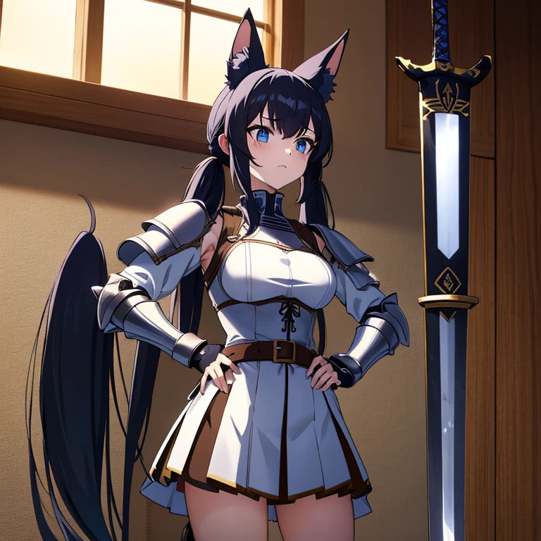 one girl, be characterized by short stature ,very long twin tails ,absurdly long hair,f cup,big breasts, has long twintails that touch the floor, has Anubis' Kemonomimi ,jackal Kemonomimi ,long jackal Kemonomimi ,black hair ,The inside of the kemomimi is yellow , black hair , Attach the yellow ribbon hair clip only to the left side of the twin tails ,double blue eyes , a female knight, holding a sword, wearing medieval armor, Place your left hand on your hip, , armor, A face full of motivation,Holding a sword in his right hand, Inside medieval armor, lower body medieval armor,