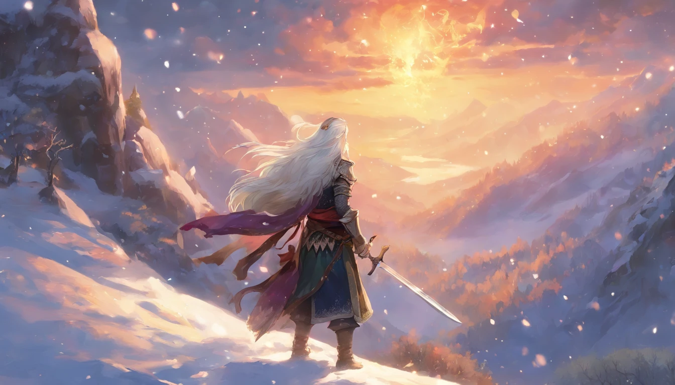 ((main subject)) An elf with long silver hair tied in a braid wears golden armor and wields a flaming blade sword (the sword emits sparks)). The elf stands on top of a snowy mountain and looks down. His gaze rests on the valley below; the valley at the foot of the mountain is far away in a light mist; A lake and the distant lights of a village can be glimpsed. The sky is starry, you can see many galaxies. The light of the stars reflects off the snow.