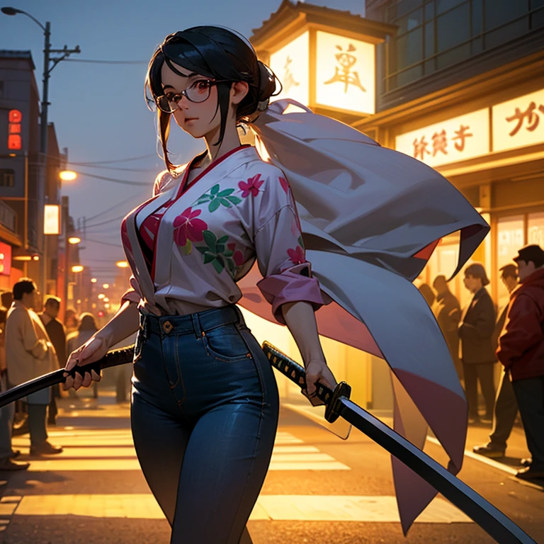 (best quality,4k,8k,highres,masterpiece:1.2), ultra-detailed,(realistic,photorealistic,photo-realistic:1.37), beautiful high school girl, confident face, long black hair, ponytail, vibrant red eyes, glasses, small nose, large breasts, well-endowed chest, big buttocks, curvaceous hips, 170cm tall, wearing an Aloha shirt and jeans, carrying a Japanese sword, a sheathed katana on her back, a 2-meter long katana, muscular body, walking in a crowded street on a summer night.