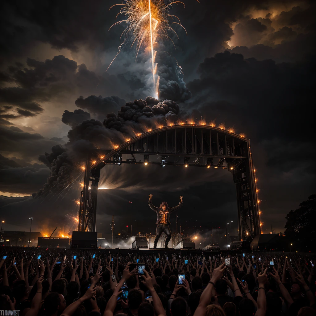 highres,heavy metal style music,san francisco bridge,metal textures,foggy atmosphere,dark and moody tones,headbanging,electric guitars,bass rumbling,vibrant energy,thunderous drums,imposing architecture,shadowy figures,dramatic sunset,magnificent structure,rhythmic beats,roaring crowd,fiery pyrotechnics,intense performance,shredding guitar solos,electrifying stage presence,thundering soundwaves,gritty textures,blazing lights,clouds of smoke,explosive energy,thrashing mosh pit,monumental presence,thundering bassline,fiery passion,sparks flying,immersive experience+\n